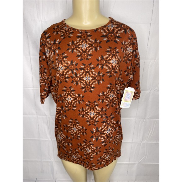 Lularoe Irma Top Shirt Tunic Short Sleeve Rust Geometric Print Oversized 2XS NWT - Picture 6 of 7